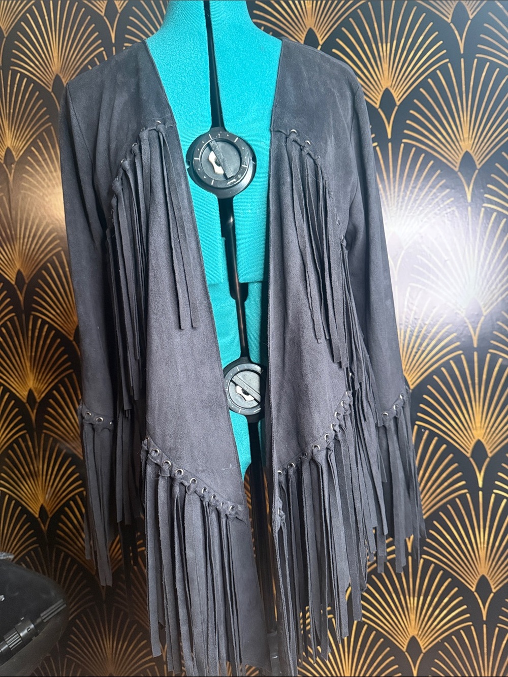 Black Faux Suede Grommet Fringe Open-Front Jacket - Picture 11 of 11